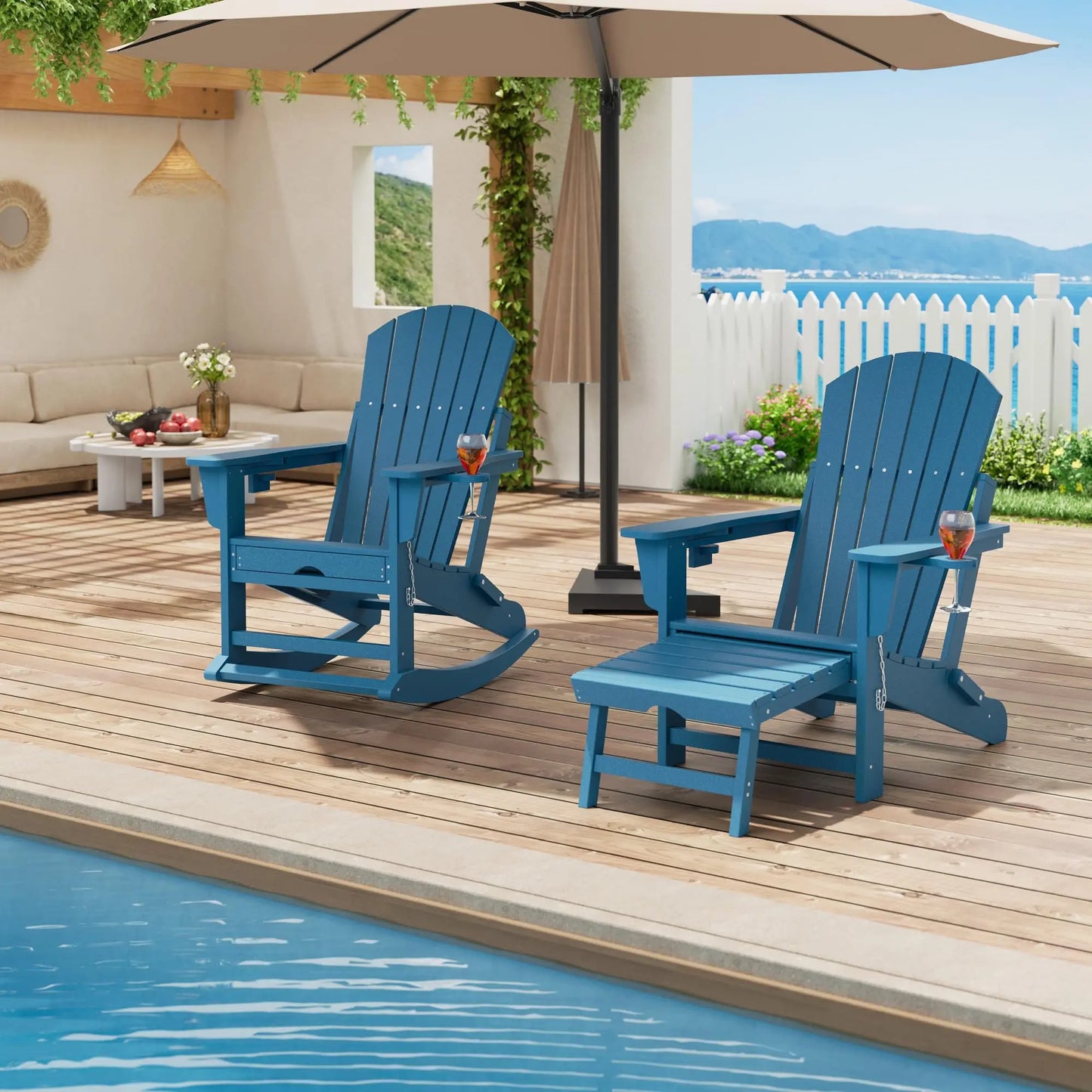 4-In-1 Adirondack Rocking Chair, HDPE All-Weather Folding Rocker With Retractable Ottoman Cup Holders, Outdoor Porch Patio Chair