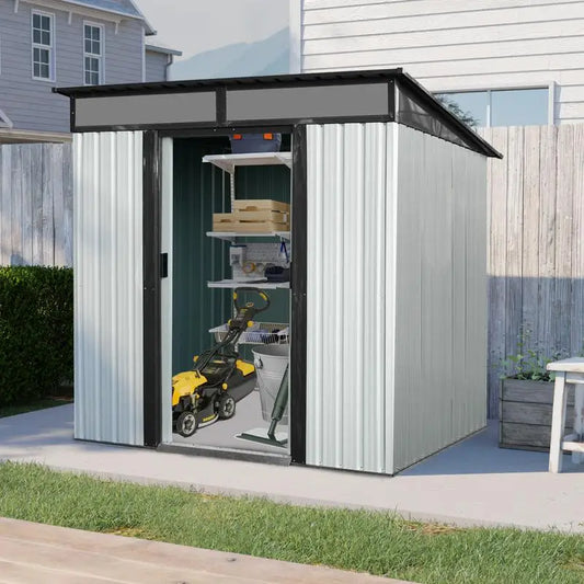 6ft x 5ft Outdoor Metal Storage Shed with Lockable Sliding Doors and Transparent Panel for Garden and Lawn - White & Black