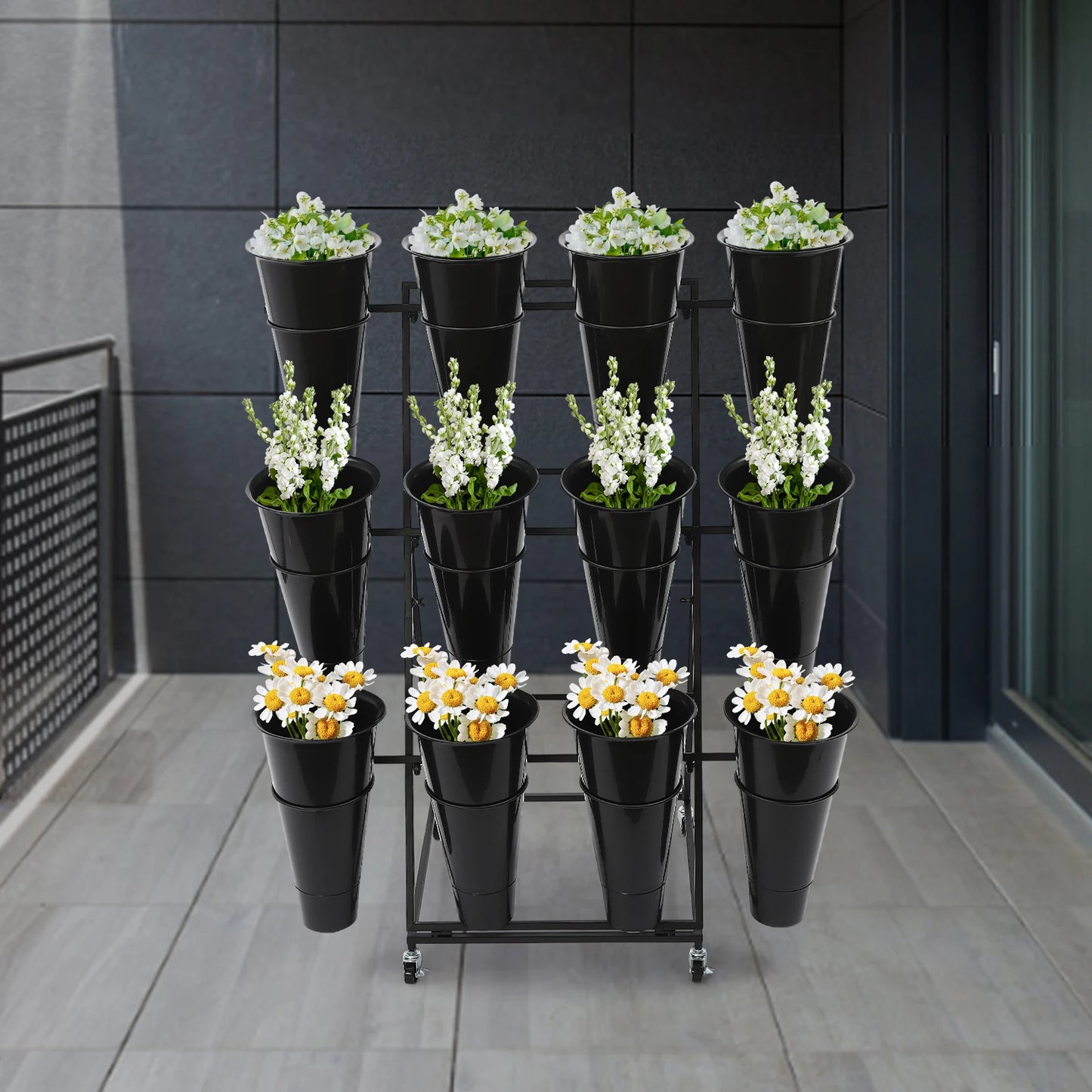 50*50*105cm Flower Display Iron Stand 3 tier Flower Holder Flower Display Stand with 12 Pieces Buckets Black