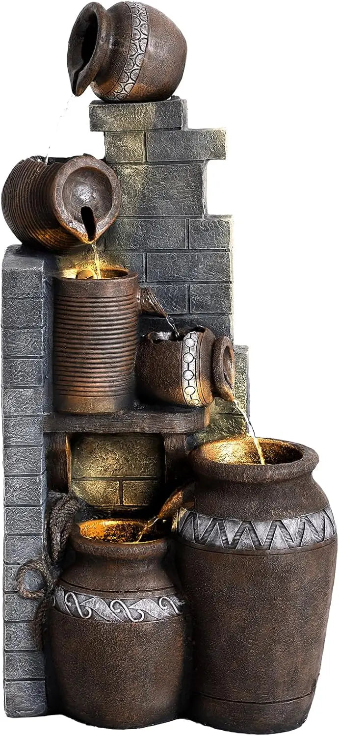 Outdoor Water Fountain, Garden Waterfalls Fountains with LED Lights, 6 Tier Modern Indoor/Outdoor Floor Standing Water Fountain