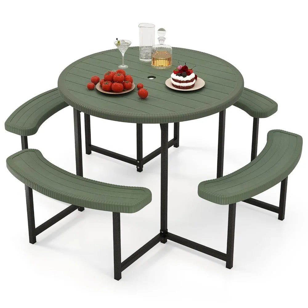 Picnic Table and Chair Set for 4-8 People, 37-inch Round Outdoor Table with Umbrella Holes, Customizable