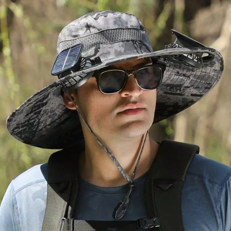 Men's Solar-Powered Cooling Fishing Hat with Fan UV Protection Wide Brim Adjustable Breathable Sun Hat for Outdoor Activities