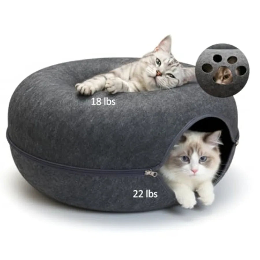 Peekaboo Cat Tunnel with Cute Paw Window Large Indoor Donut Cat Cave for Play Nap Random Zipper Color White/Charcoal Gray Scrat