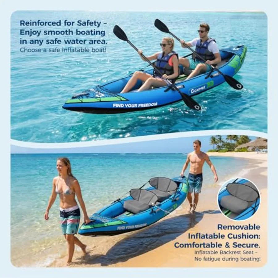 2 Person Inflatable Kayak for Fishing and Touring, PVC Material, Gray/Blue, Portable with Padded Seat, 3 Fins, Hand Pump, Carry