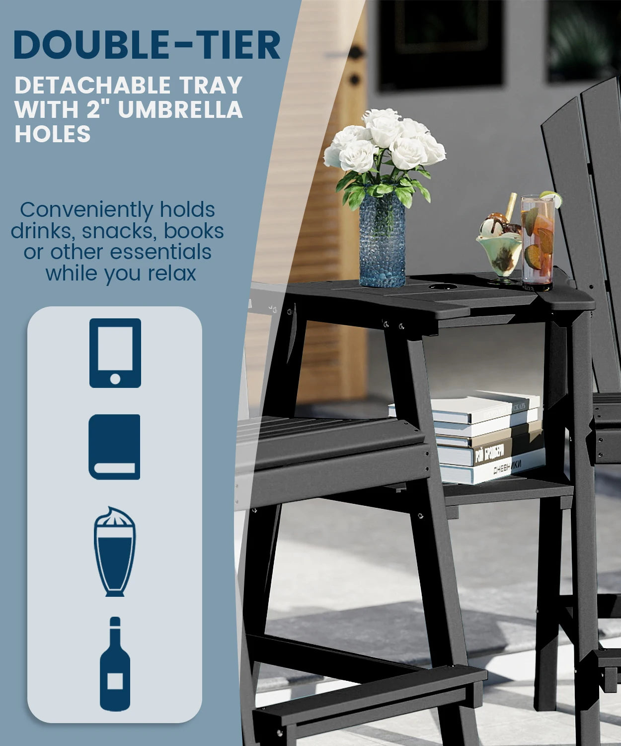 FOOWIN Tall Adirondack Chair Set of 2, All Weather HDPE Bar Height Adirondack Chair with Double Connecting Trays