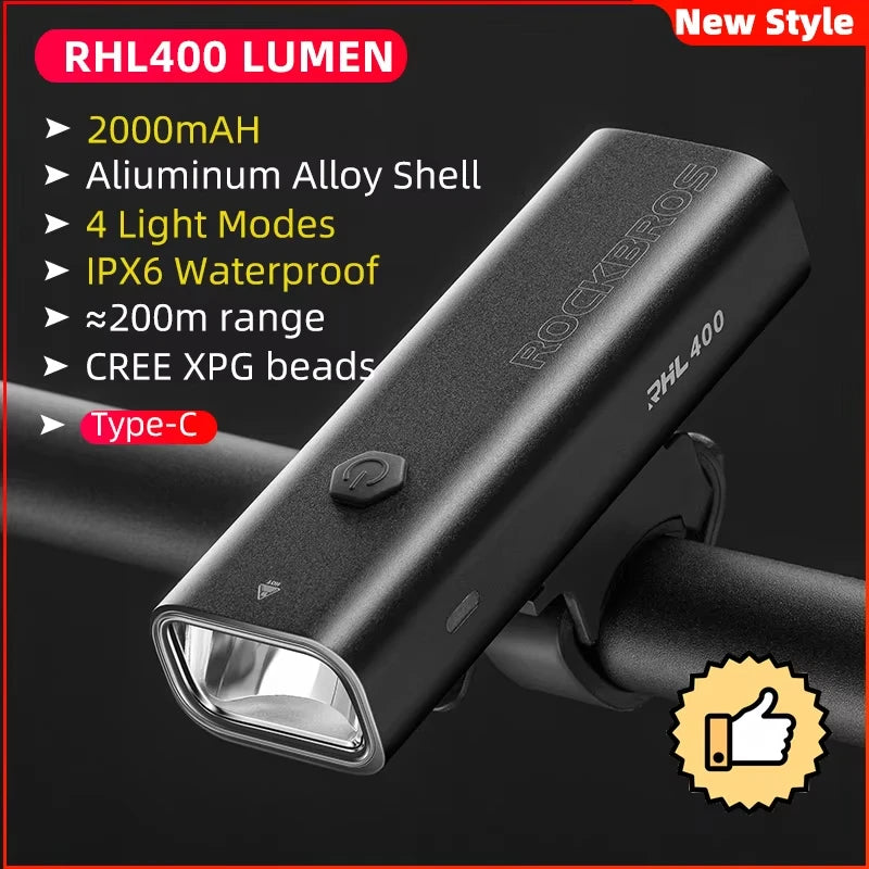 ROCKBROS Bicycle Light Rainproof Type-C Charging LED 2000mAh MTB Road Bike Front Lamp Headlight Ultralight Flashlight Bike Light
