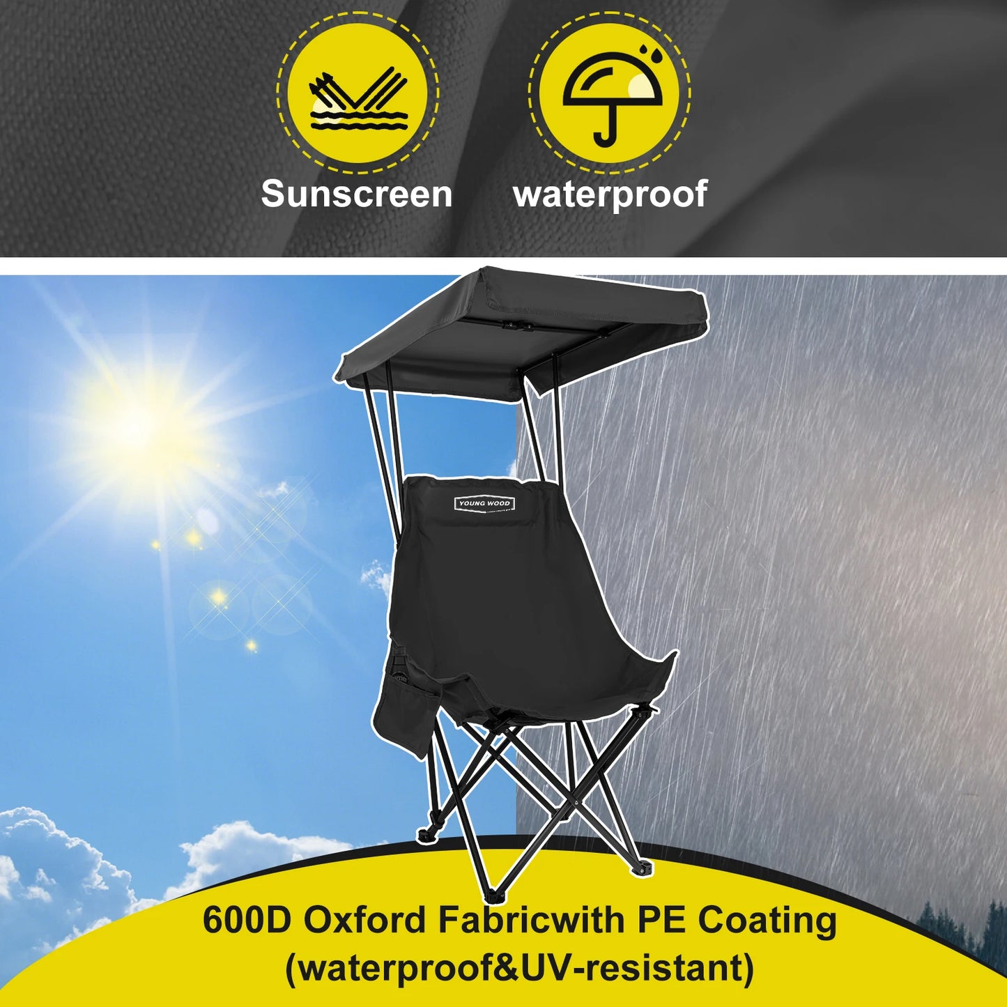 YOUNG WOOD Portable Camping Chair Beach Chair With Shade Canopy, Fold Lightweight Oversized For All, Easy To Open And Close