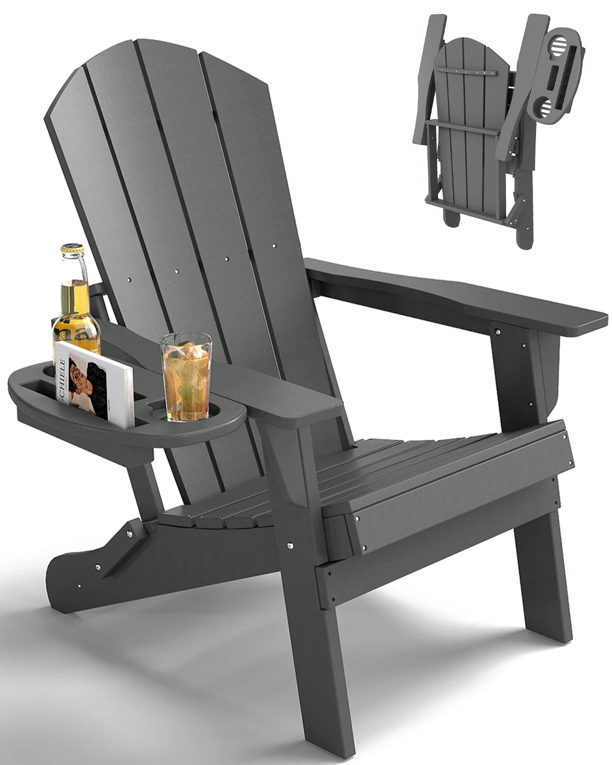 FOOWIN 1/2pcs Folding Adirondack Chair Weather Resistant HDPE Plastic Cup Holder Outdoor Patio Garden Fire Pit Deck Lawn