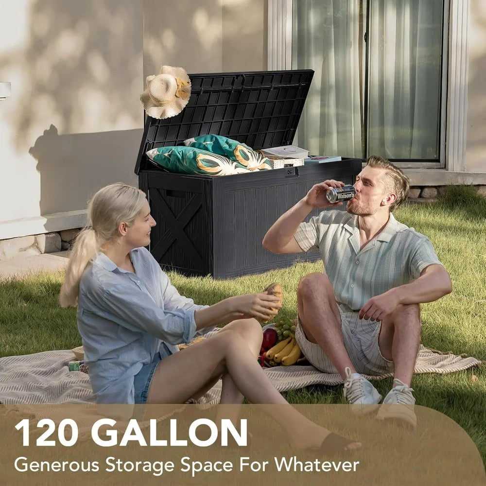 Devoko 120 Gallon Deck Box Resin Outdoor Storage Box Waterproof for Patio, Large Outdoor Storage Bench Lockable for Outside