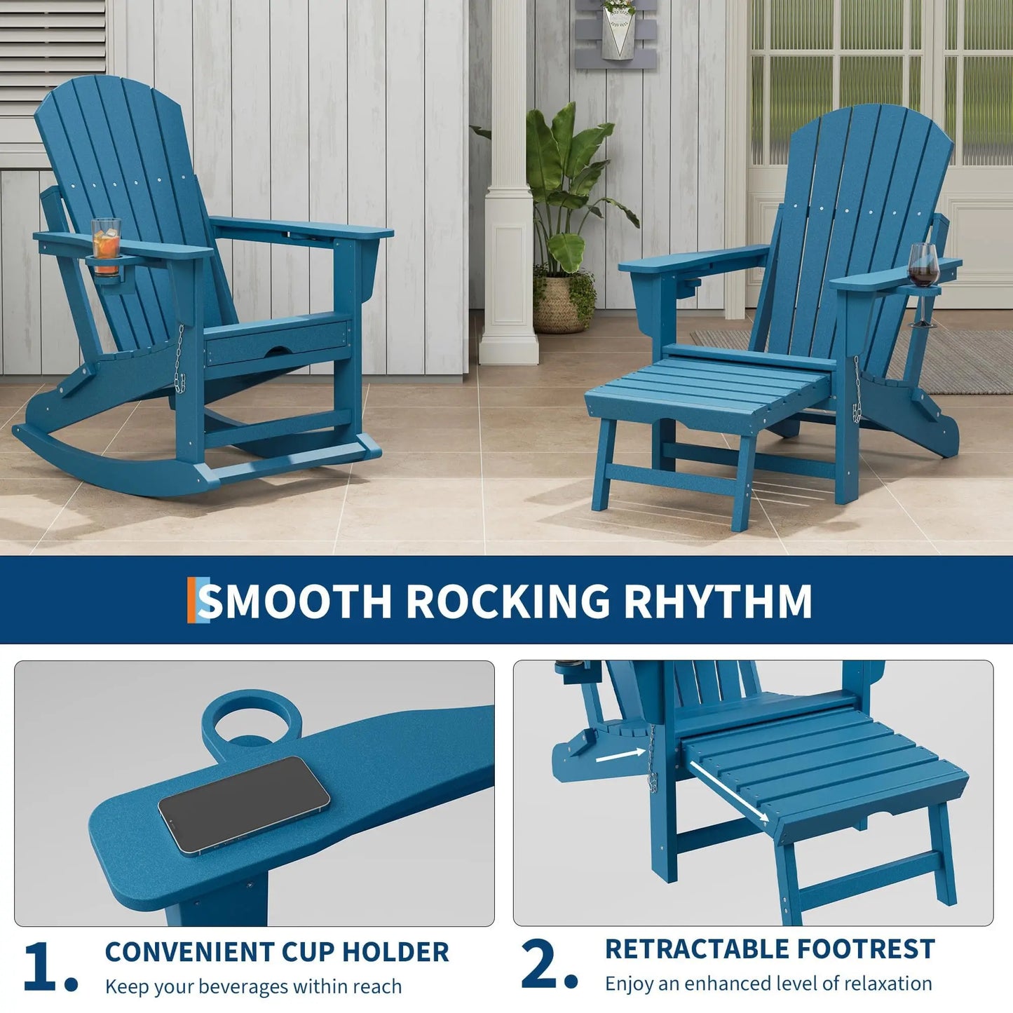 4-In-1 Adirondack Rocking Chair, HDPE All-Weather Folding Rocker With Retractable Ottoman Cup Holders, Outdoor Porch Patio Chair