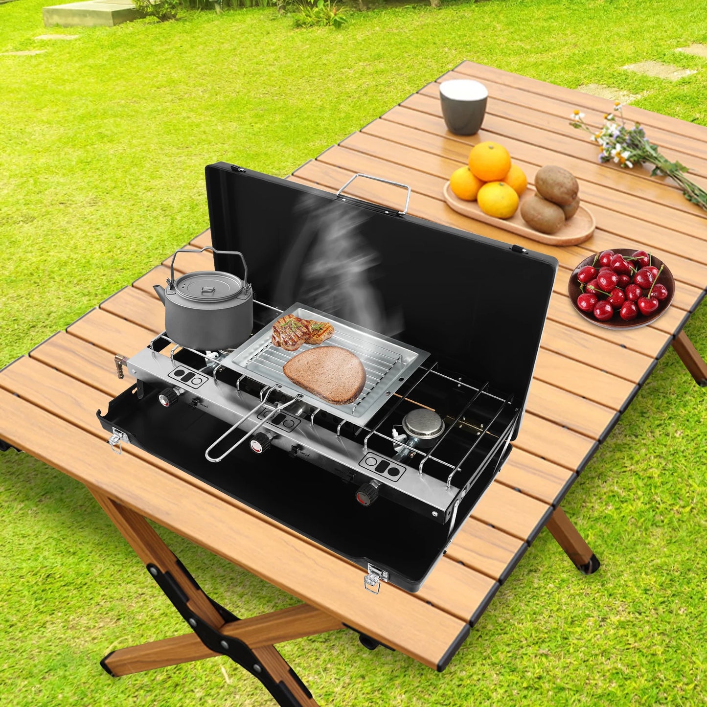 3 Burner Portable Camping Stove With Griddle And Windshield