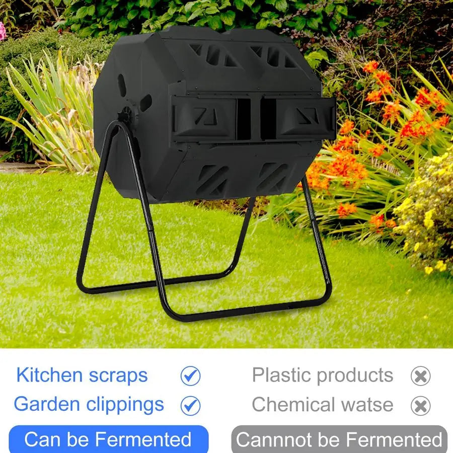 Outdoor Compost Bin, 43 Gallon Dual Chamber Tumbling Composting Bin with Sliding Doors for Garden Patio Kitchen YardBlack Door