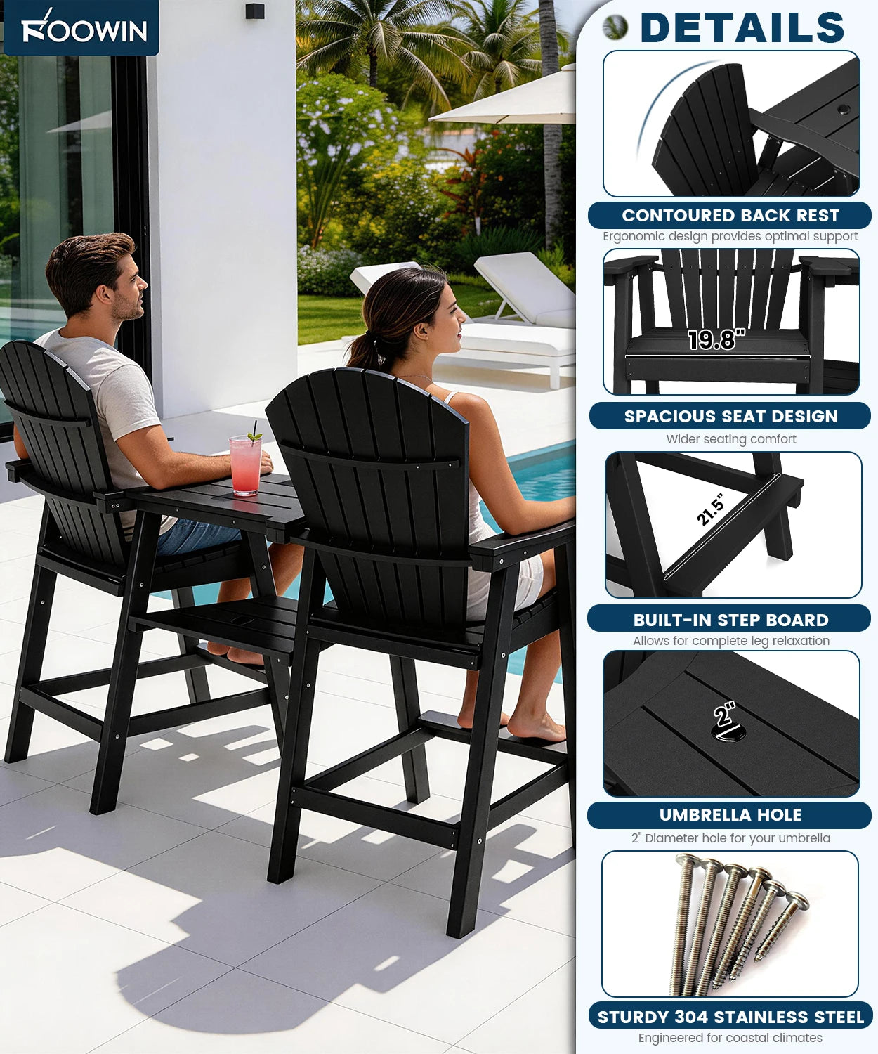 FOOWIN Tall Adirondack Chair Set of 2, All Weather HDPE Bar Height Adirondack Chair with Double Connecting Trays