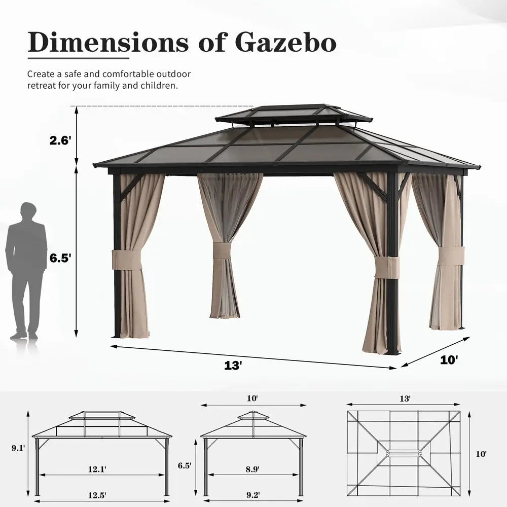 10x13 Hardtop Gazebo, Outdoor Polycarbonate Double Roof Canopy, Aluminum Frame Permanent Pavilion with Curtains and Netting, Su
