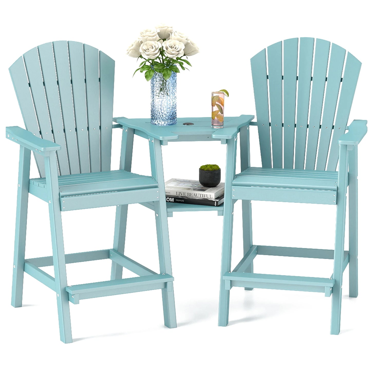 FOOWIN Tall Adirondack Chair Set of 2, All Weather HDPE Bar Height Adirondack Chair with Double Connecting Trays