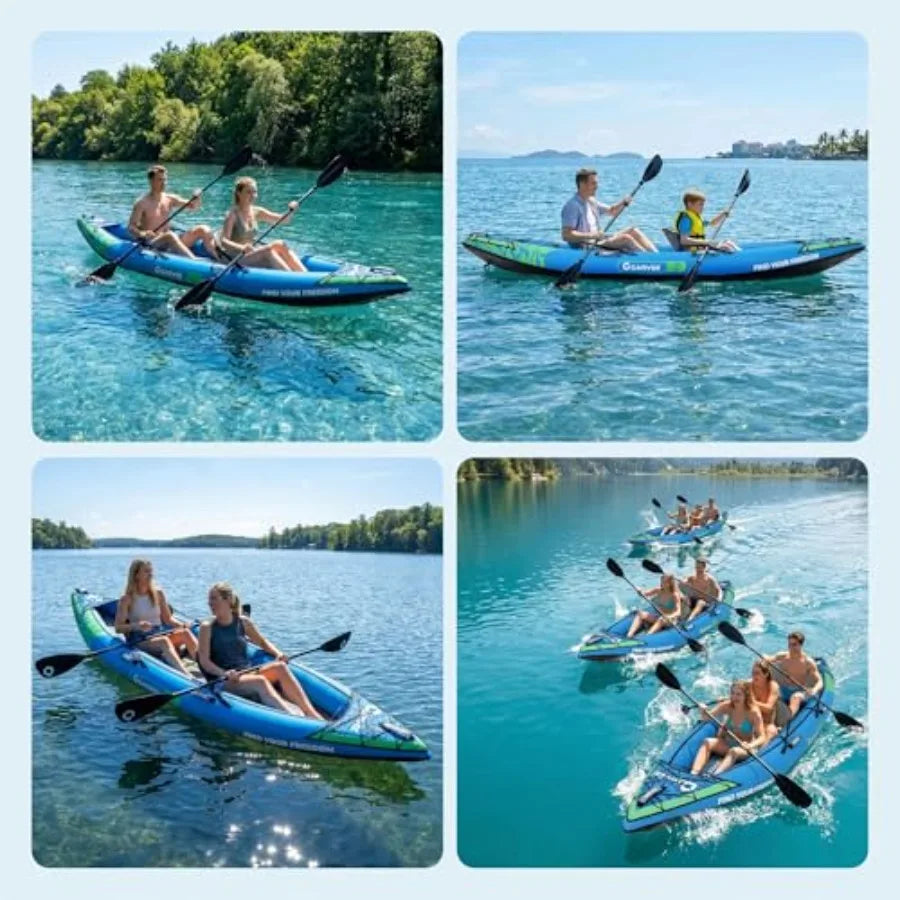2 Person Inflatable Kayak for Fishing and Touring, PVC Material, Gray/Blue, Portable with Padded Seat, 3 Fins, Hand Pump, Carry