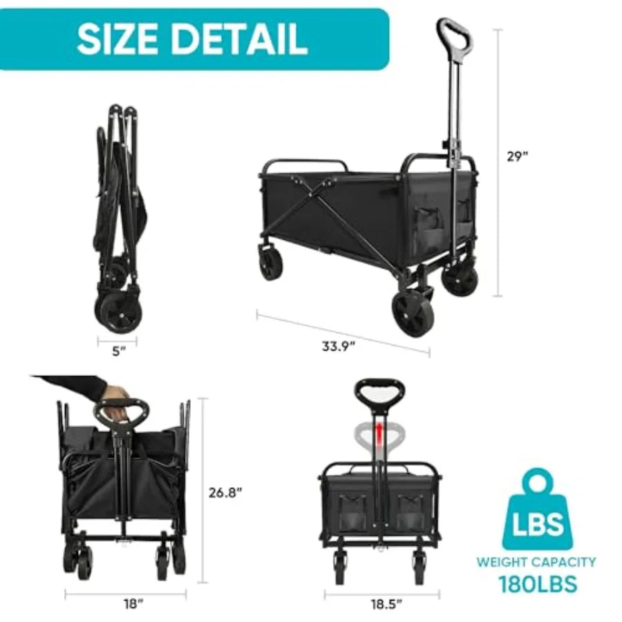 Collapsible Foldable Wagon Beach Cart Large Capacity Heavy Duty Folding Wagon Portable for Outdoor Sports Shopping Camping Blac