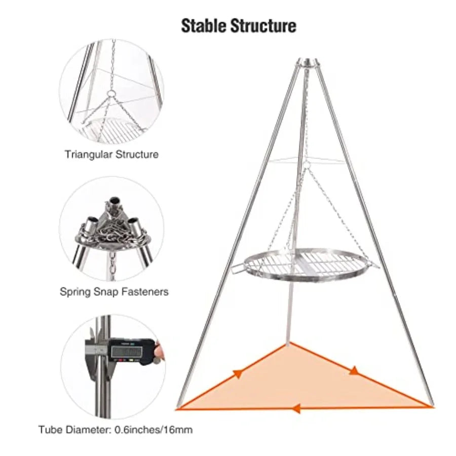 Campfire Tripod Grill for Cooking Durable Stainless Steel Camping Fire Tripod Grill with Round Grate and Carrying Bag for Outdo
