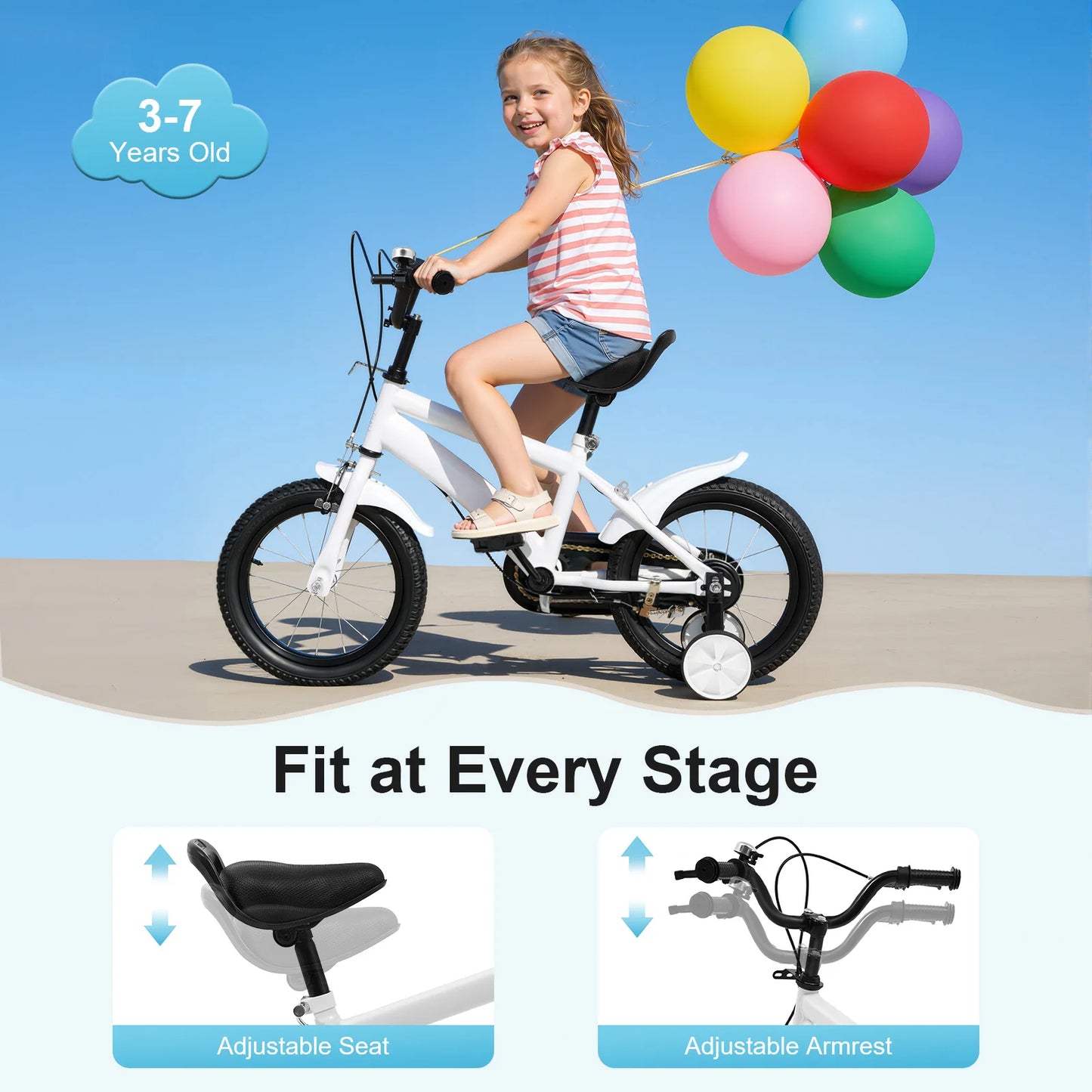High-Safety Kids Bike 14" - Adjustable Height + Parent Handle + Mudguards (Learning Bicycle Boys/Girls) Yellow/Blue/Red/White