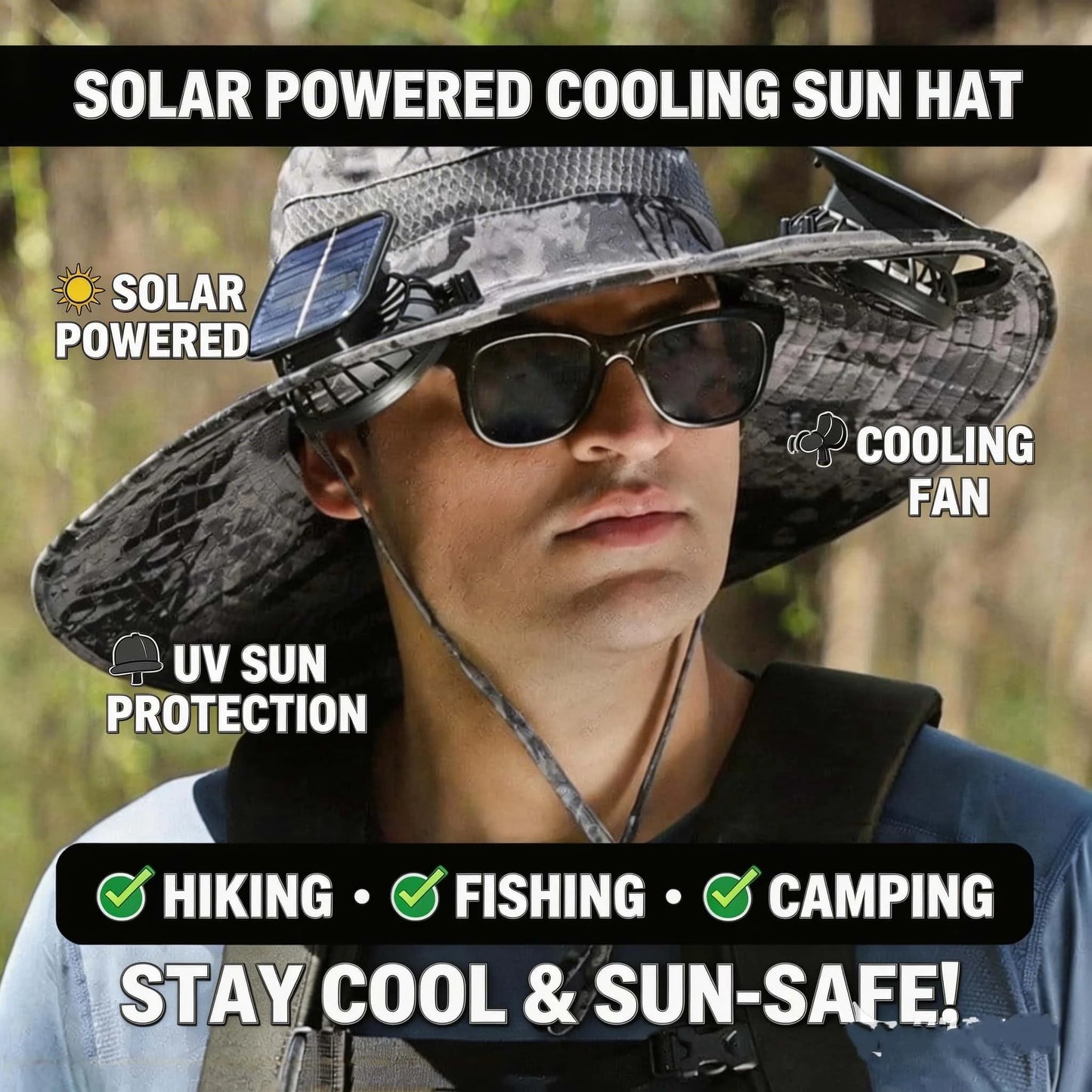 Men's Solar-Powered Cooling Fishing Hat with Fan UV Protection Wide Brim Adjustable Breathable Sun Hat for Outdoor Activities