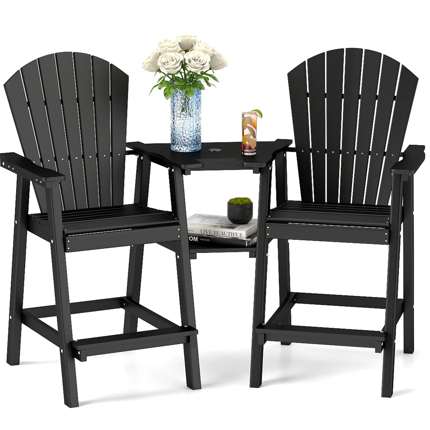 FOOWIN Tall Adirondack Chair Set of 2, All Weather HDPE Bar Height Adirondack Chair with Double Connecting Trays