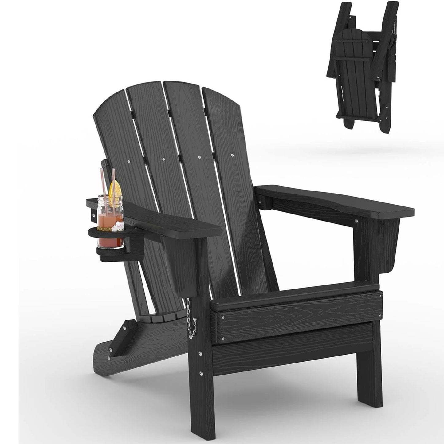 Folding Adirondack Chair With Cup Holder, All-Weather HDPE Patio Chair, Wood Textured 380lb Deck & Garden Chair