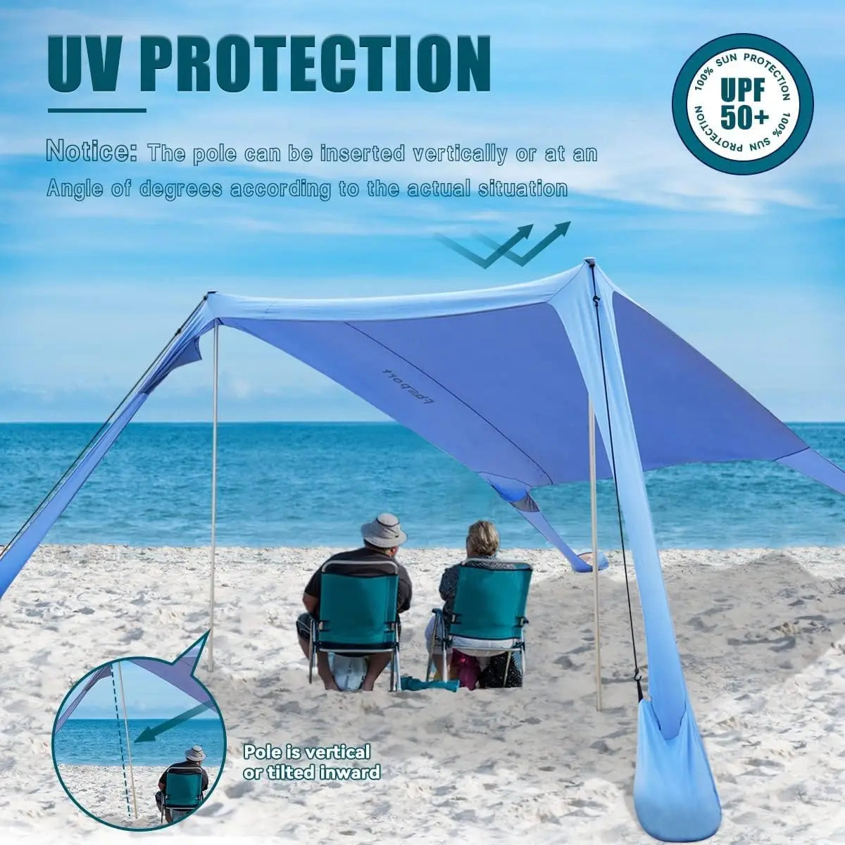 Beach Tent Sun Shelter, Portable Beach Shade Canopy UPF50+ with Sandbags for Outdoor Family Camping