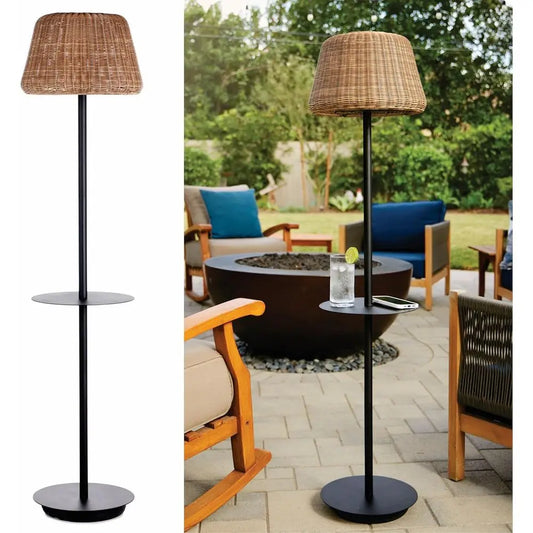 B&R Lighting Solar Outdoor Floor Lamp with Table - Cordless Outdoor Floor Lamp - Patio, Porch, Garden - Rattan Wicker Lights for