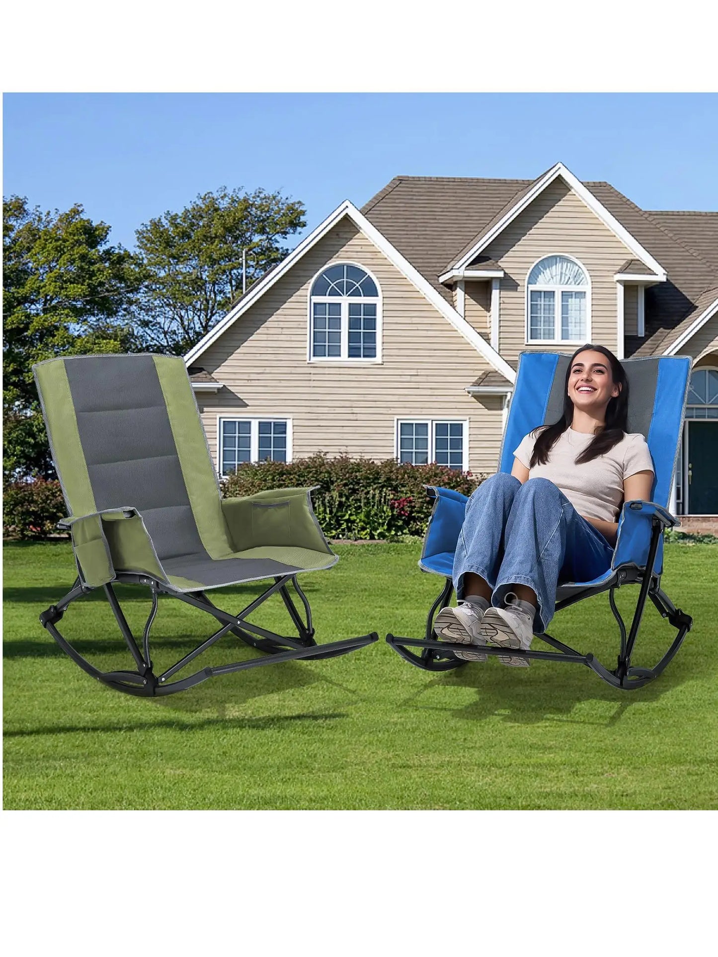 Rocking Camping Chair for Adults, Folding Outdoor Rocking Chair with Foot Rest, 330 lbs Capacity, Camp Chairs for Lawn