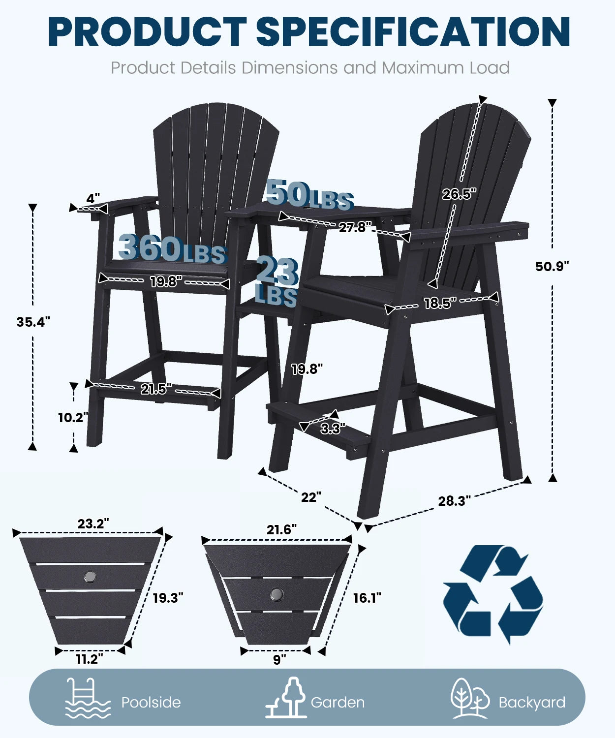 FOOWIN Tall Adirondack Chair Set of 2, All Weather HDPE Bar Height Adirondack Chair with Double Connecting Trays