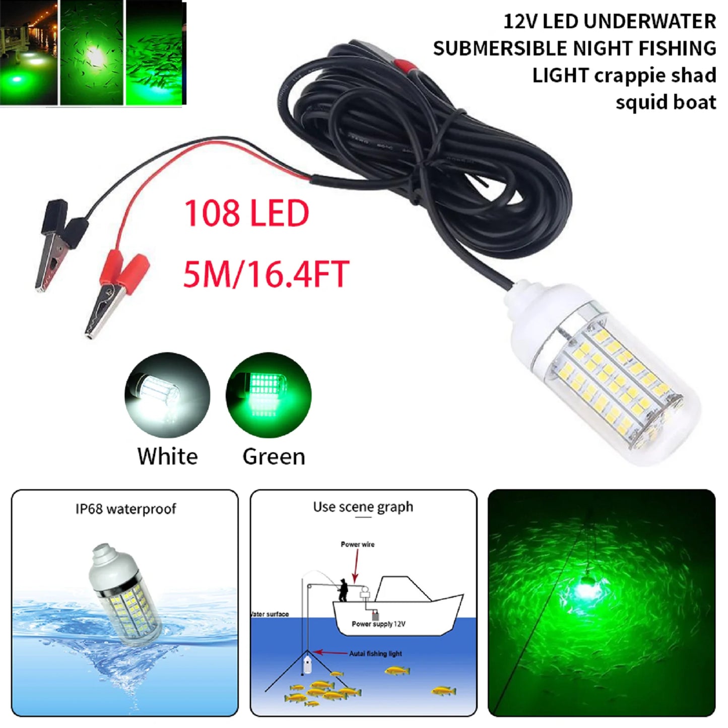 108 LEDs Night Fishing Light 12V-24V Ultra Bright Underwater LED Light Lamp Lure Bait Fish Finder Attracts Prawns Squid Krills