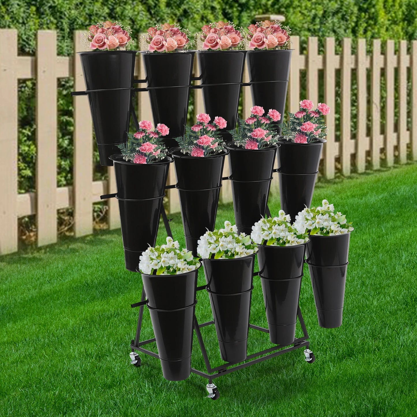 50*50*105cm Flower Display Iron Stand 3 tier Flower Holder Flower Display Stand with 12 Pieces Buckets Black