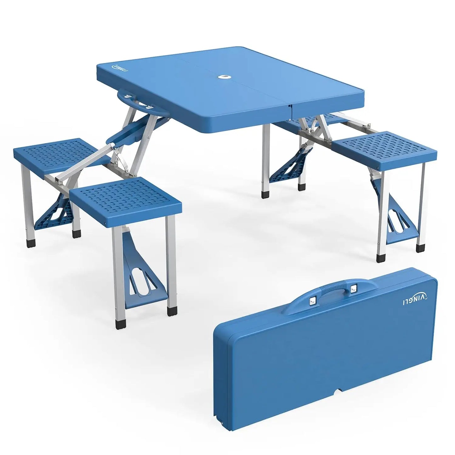 Aluminum Camping Picnic Table Set With Seats And Umbrella Hole