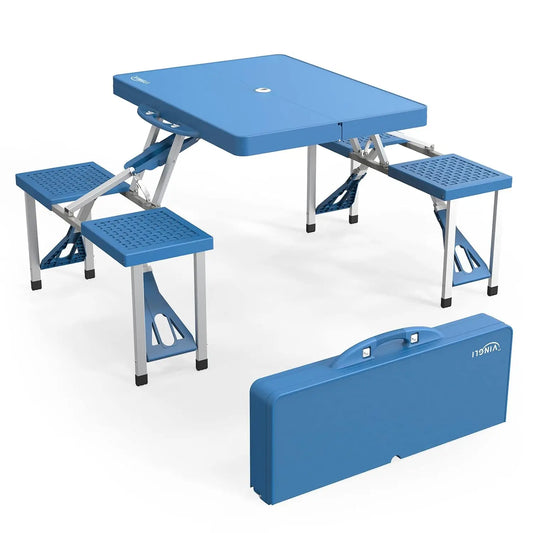 Aluminum Camping Picnic Table Set With Seats And Umbrella Hole