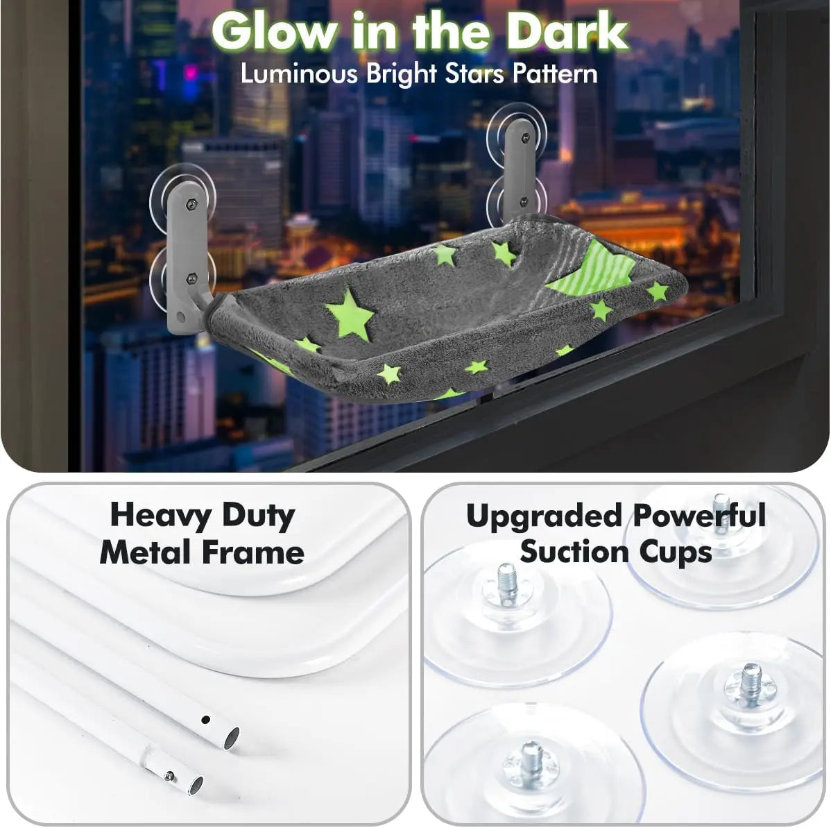 Glow in The Dark Cat Window Perch, Foldable Pet Hammock Bed with Sturdy Metal Frame and Glowing Stars Pattern for Indoor Cats