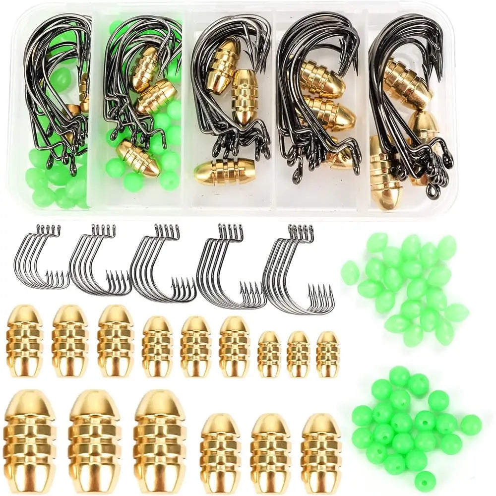 105-Piece Fishing Sinkers and Hooks Set for Worm, Beads, Bullet Weights, and Rigs - Suitable for Bass and Fresh/Saltwater