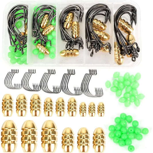 105-Piece Fishing Sinkers and Hooks Set for Worm, Beads, Bullet Weights, and Rigs - Suitable for Bass and Fresh/Saltwater
