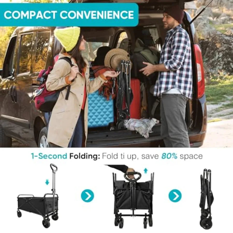 Collapsible Foldable Wagon Beach Cart Large Capacity Heavy Duty Folding Wagon Portable for Outdoor Sports Shopping Camping Blac