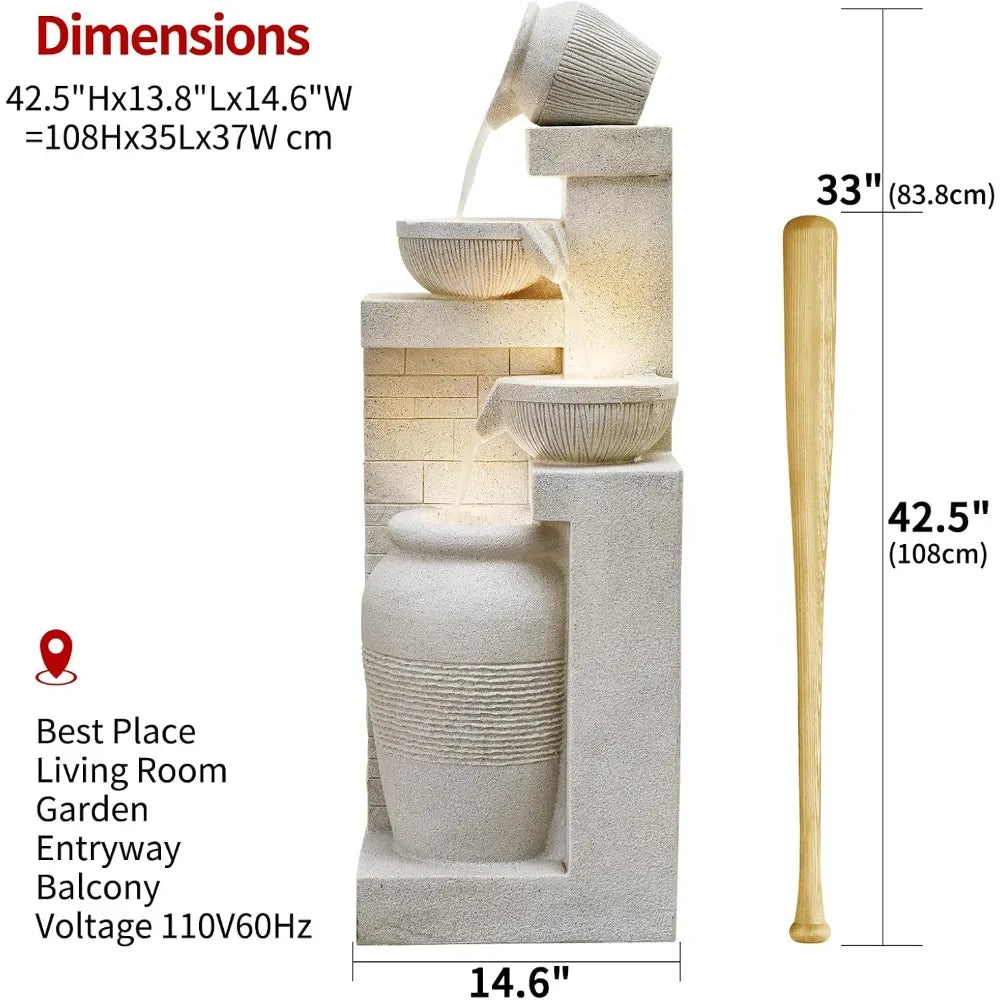 42.52 Inch Tall Outdoor Garden Water Fountain with 4 Cascading Tiers and LED Lights, Suitable for Patio and Backyard