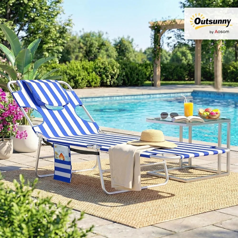 Outdoor Folding Chaise Lounge Chair with Face Hole, 5-Position Reclining Tanning Bed for Beach Pool Patio, Blue Stripe