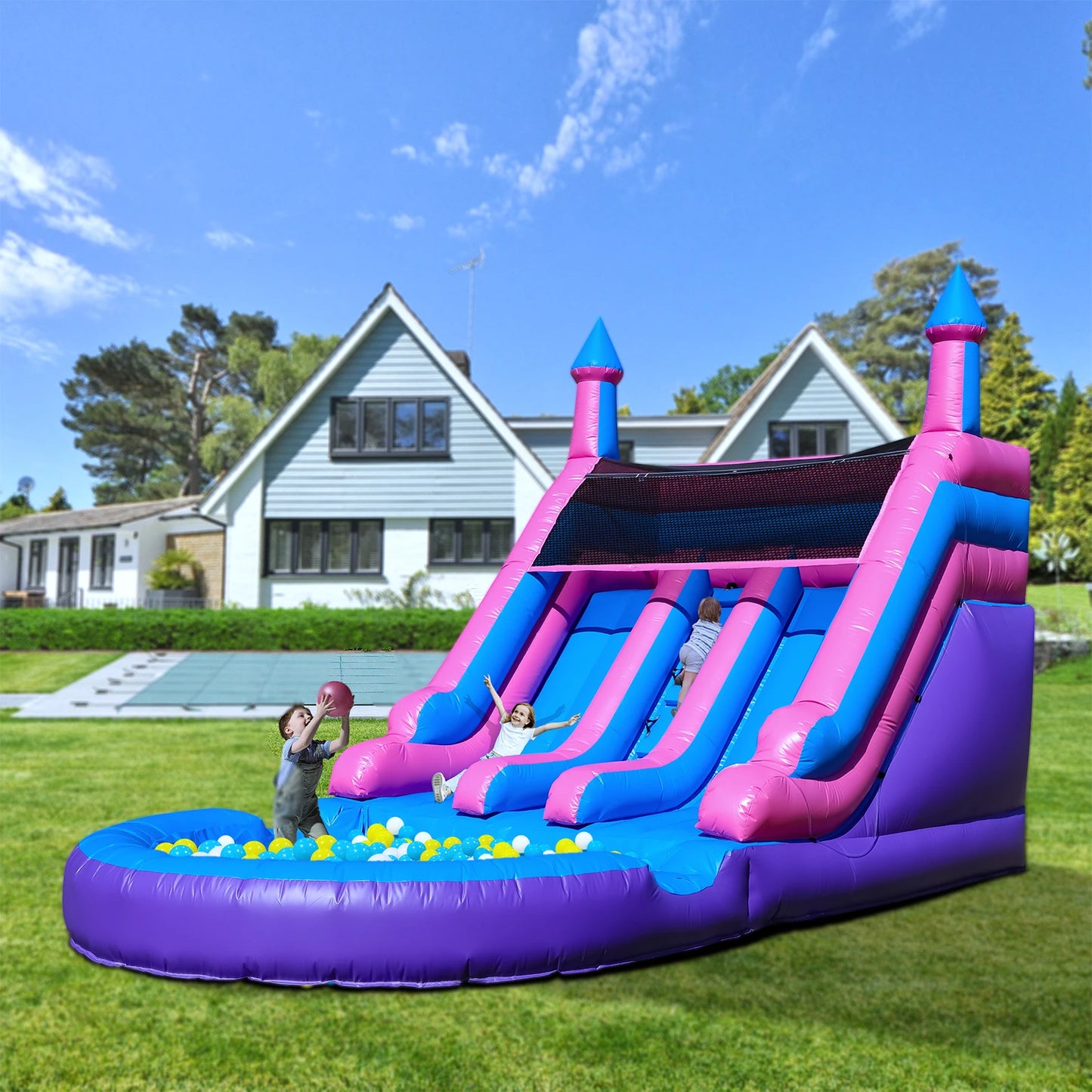 6.4m Commercial PVC Inflatable Double Water Slide Pool with Blower For Kids Commercial children's playground