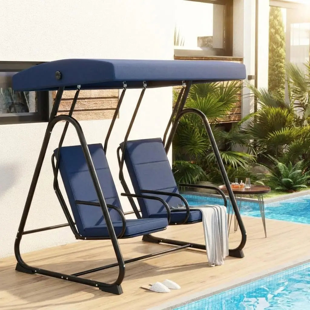 2 Person Outdoor Swing Chair Adjustable Canopy, Heavy Duty Porch Glider, Removable Cushions, Patio Swing For Garden Poolside