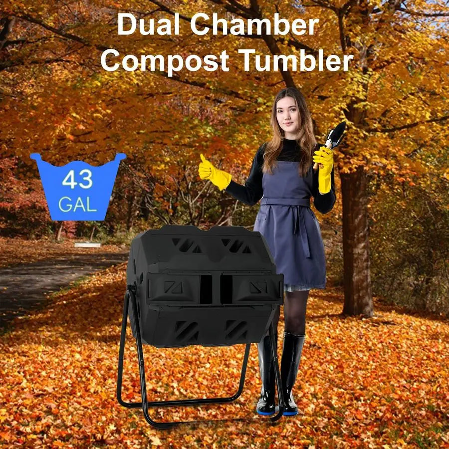 Outdoor Compost Bin, 43 Gallon Dual Chamber Tumbling Composting Bin with Sliding Doors for Garden Patio Kitchen YardBlack Door