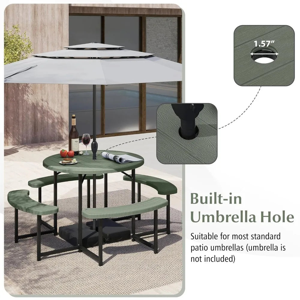 Picnic Table and Chair Set for 4-8 People, 37-inch Round Outdoor Table with Umbrella Holes, Customizable