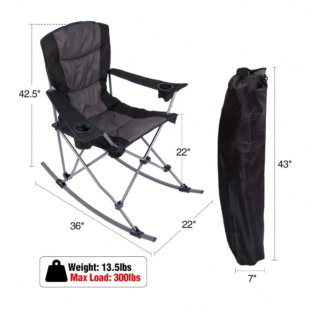 Folding Outdoor Rocking Chair Heavy Duty 300lbs Support Camping Chair with Cup Holder Carry Bag