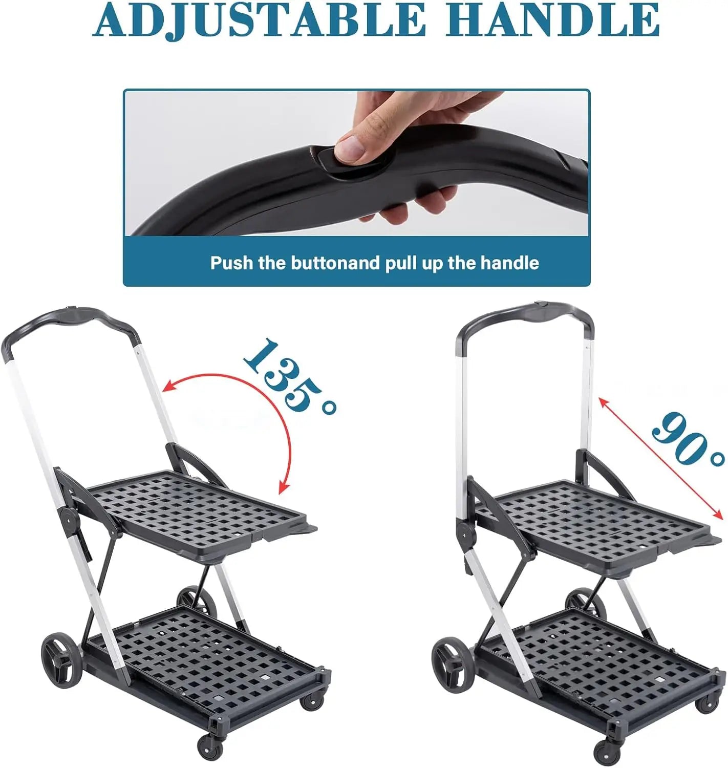 Collapsible Shopping Cart on Wheels, Folding Shopping Cart with 360° Swivel Wheels, Multi Use Utility Cart Adjustable Portable T