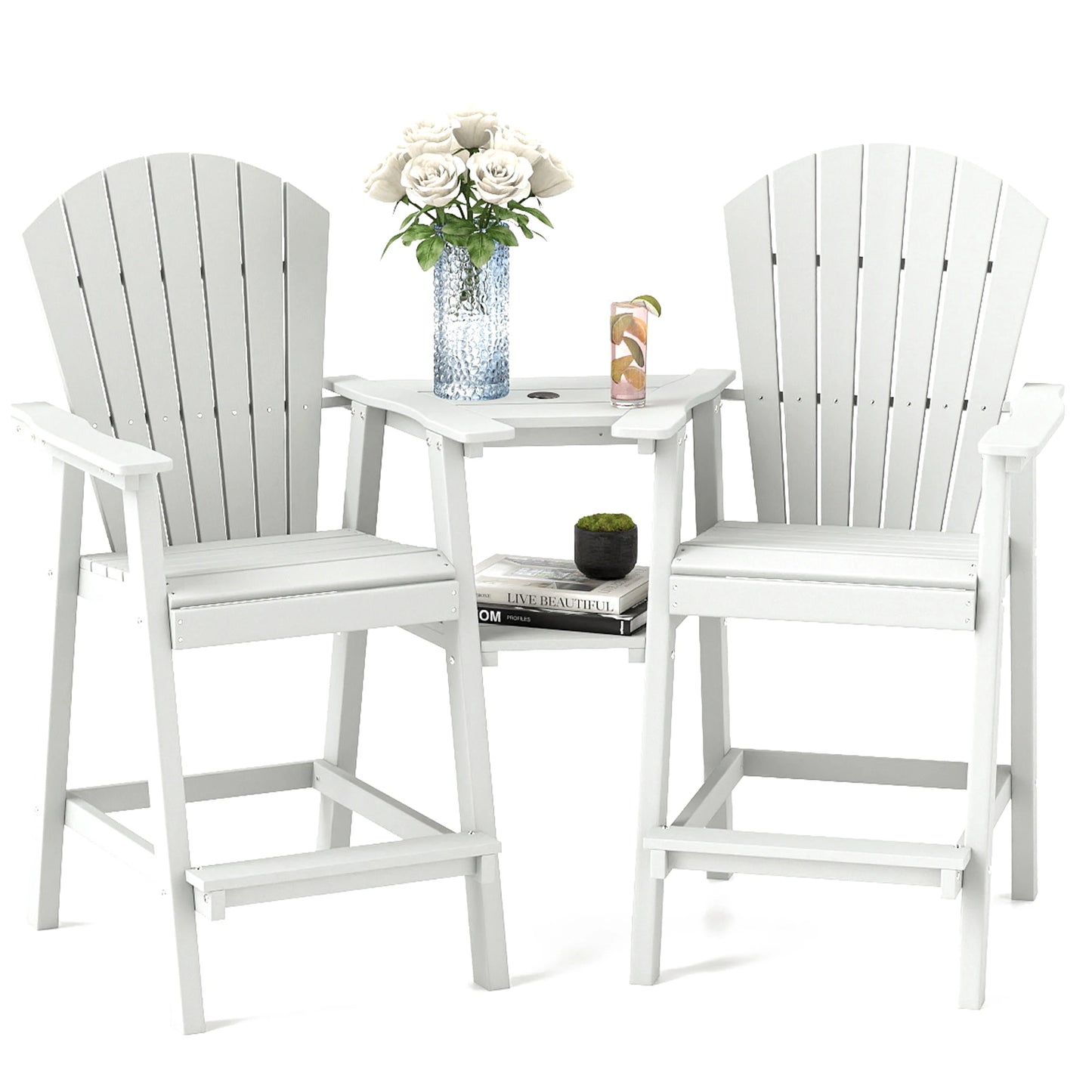 FOOWIN Tall Adirondack Chair Set of 2, All Weather HDPE Bar Height Adirondack Chair with Double Connecting Trays