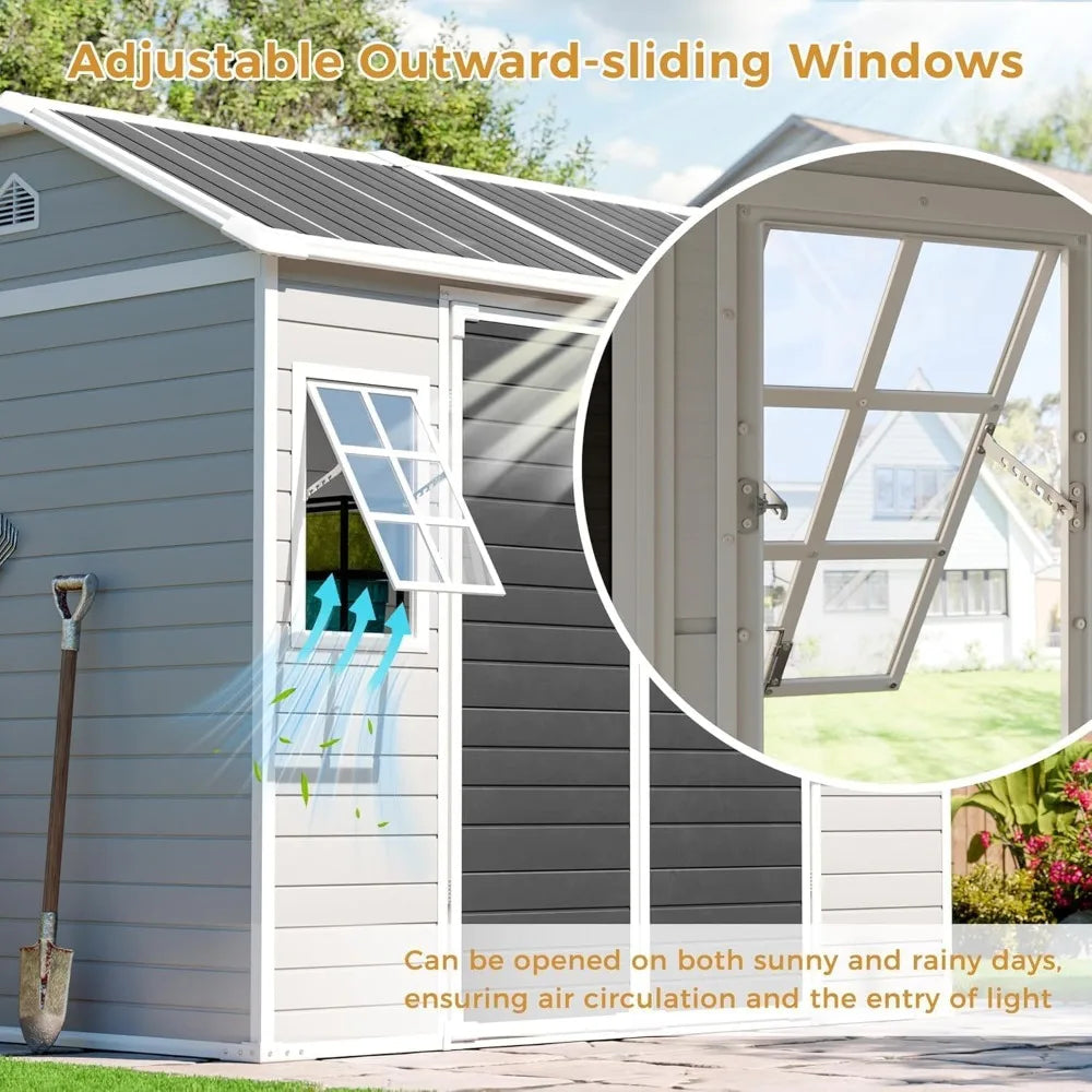 8x6 FT Resin Storage Shed with Floor & Adjustable Windows Large Outdoor Shed Waterproof Plastic Garden Sheds for, Customized