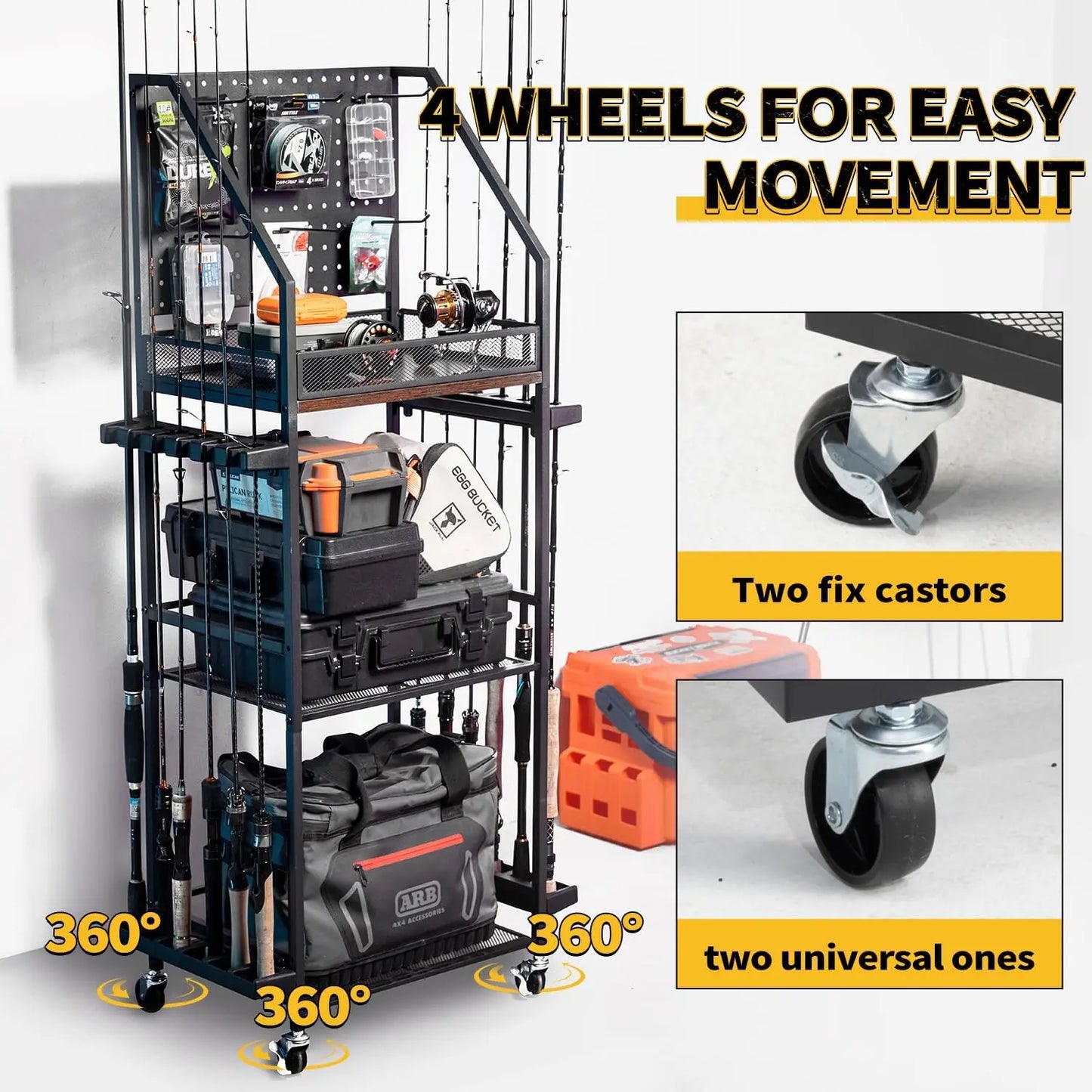 3-Tier Fishing Rod Storage Cart with Pegboard, Holds 12 Rods, Lockable Wheels for Garage Organization