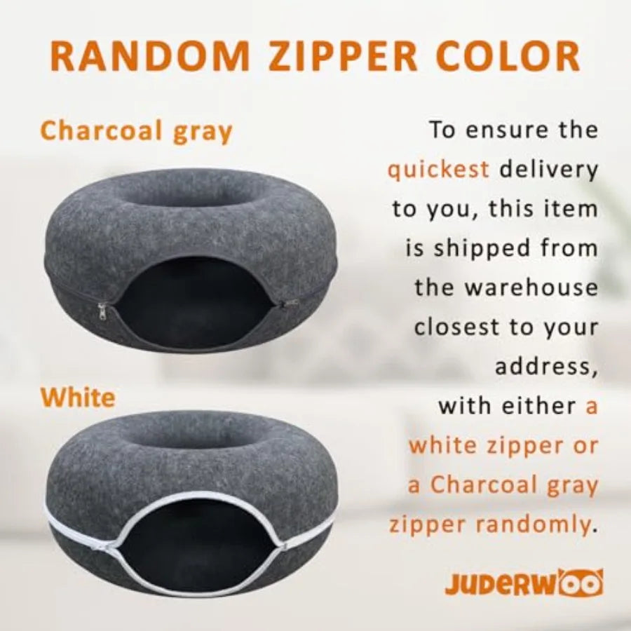 Peekaboo Cat Tunnel with Cute Paw Window Large Indoor Donut Cat Cave for Play Nap Random Zipper Color White/Charcoal Gray Scrat